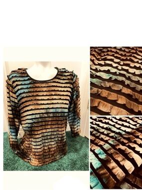Vintage Textured Ribbon-Stripe Top • Teal & Brown • Four-Season Art-to-Wear